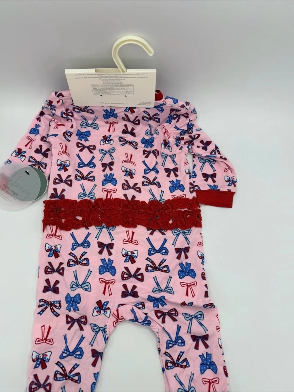 NWT Milkberry Pink American Bow Bamboo Footie One-Piece- with matching Headband